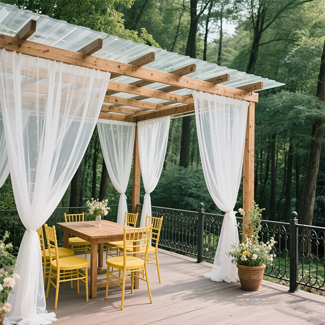 Rideau extérieur voilage blanc pour pergola et terrasse (2 panneaux), largeur 300 cm et plus