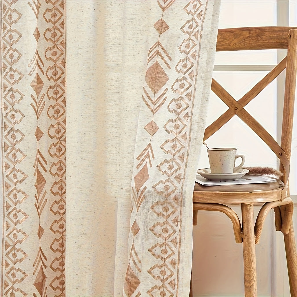 Rideau bohème semi-transparent à œillets motif géométrique losanges