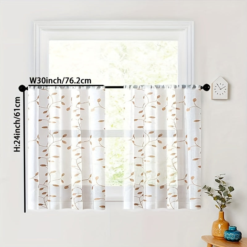 Rideau voilage brodé feuilles en polyester tamisant pour cuisine (1/2 panneaux)