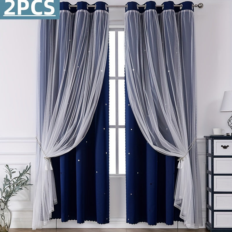 Rideaux occultants double couche avec voile étoilé en polyester pour chambre et salon