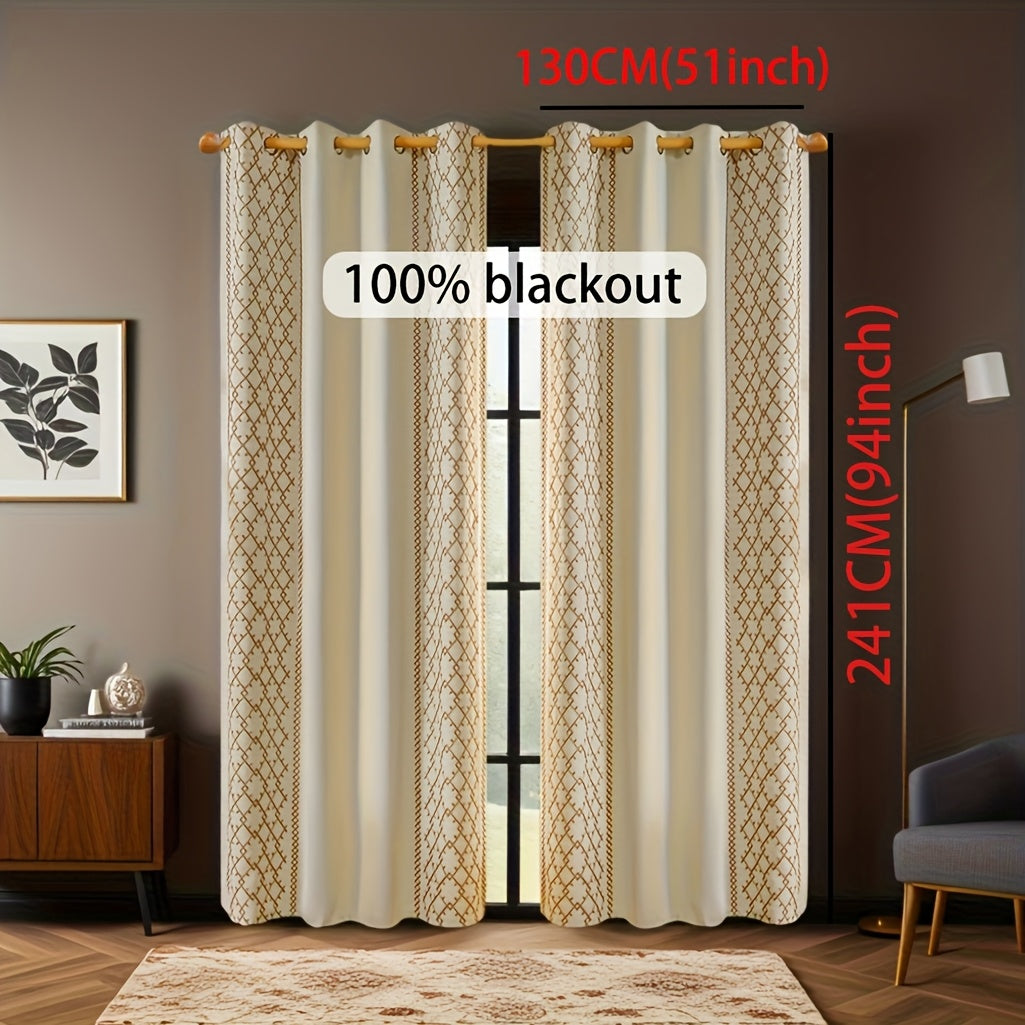 Rideaux occultants brodés beige en polyester style bohème (2 panneaux)