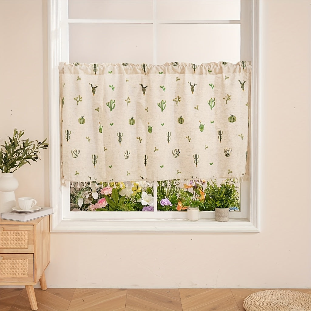 Rideau café brodé cactus en polyester style campagne pour petite fenêtre