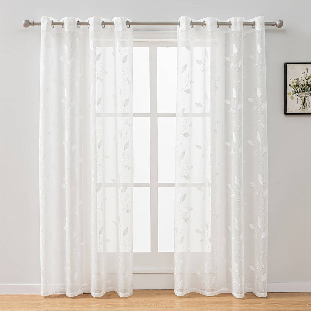 Rideaux voilage brodés motif feuilles avec œillets, blanc