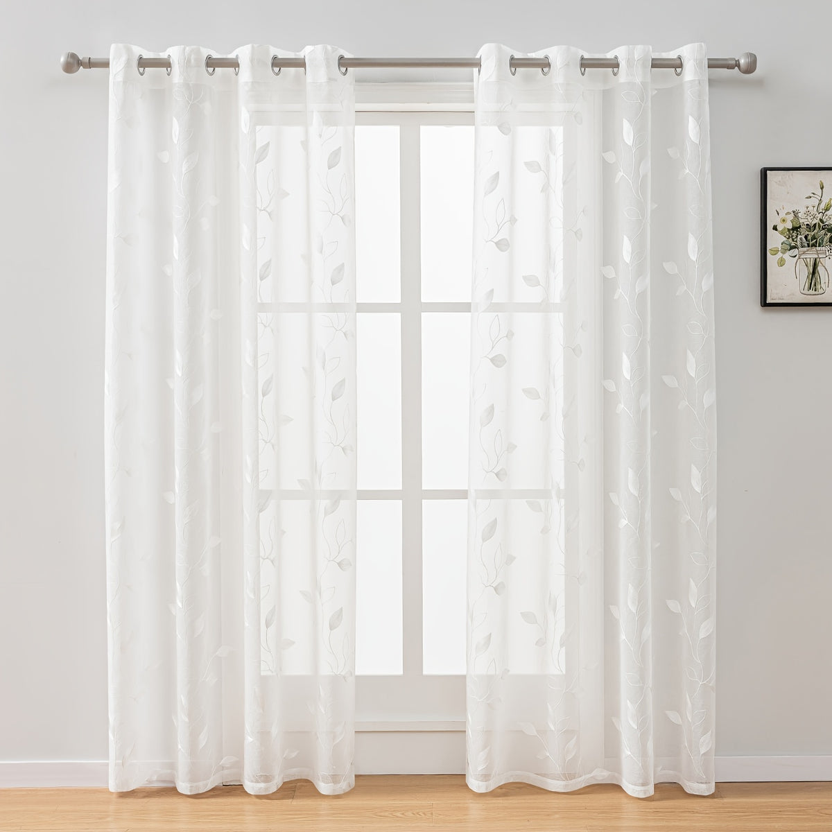 Rideaux voilage brodés motif feuilles avec œillets, blanc