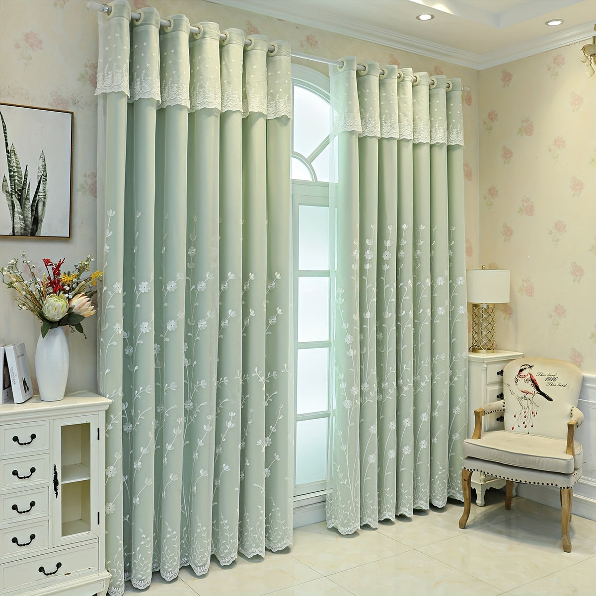 Rideau occultant vert brodé fleurs style nordique minimaliste, largeur 100 à 139 cm