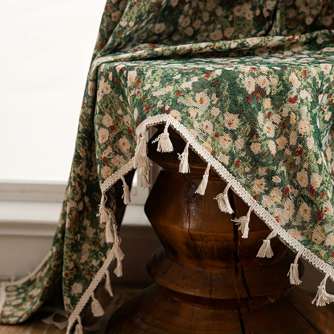 Rideau jacquard fleuri vintage vert tamisant style campagne, hauteur 240 à 269 cm