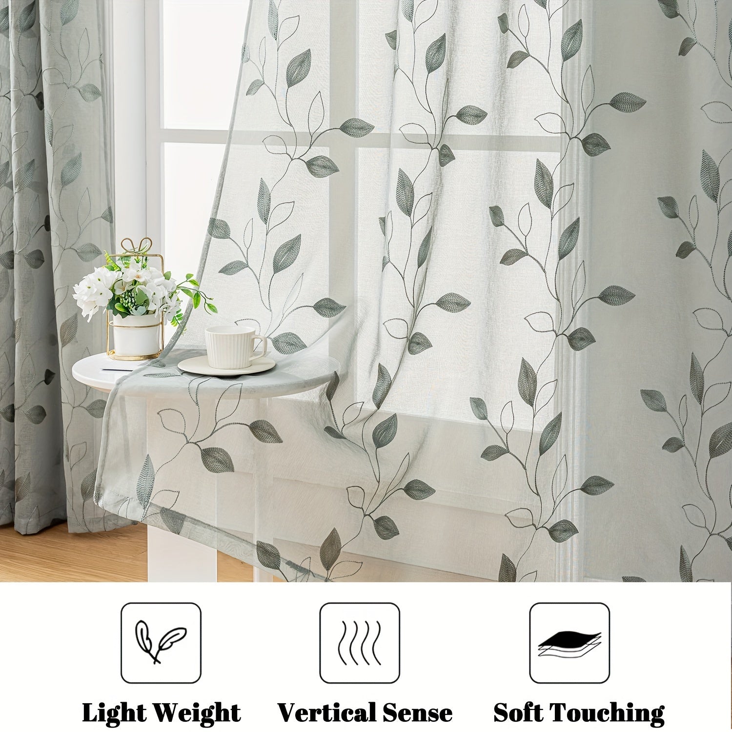 Rideaux voilage brodés motif feuilles avec œillets pour salon et chambre (2 panneaux)