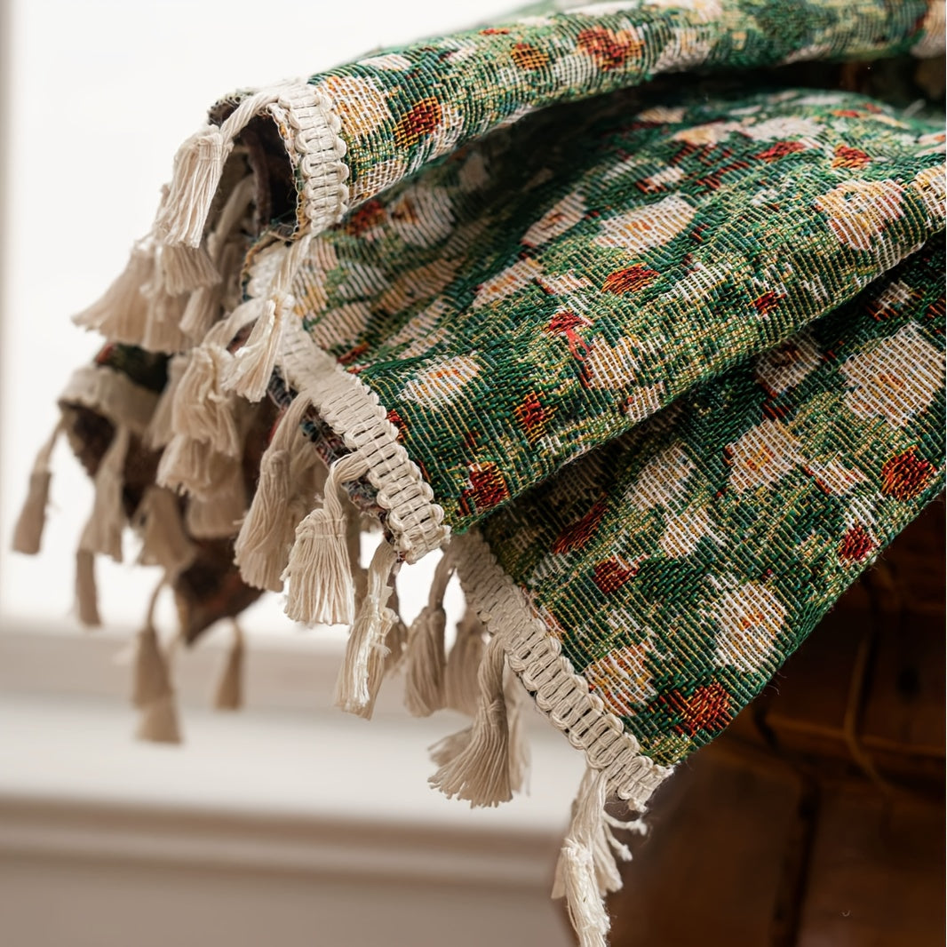 Rideau jacquard fleuri vintage vert tamisant style campagne, largeur 100 à 139 cm